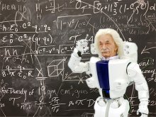 Einstein robot at chalkboard with equations